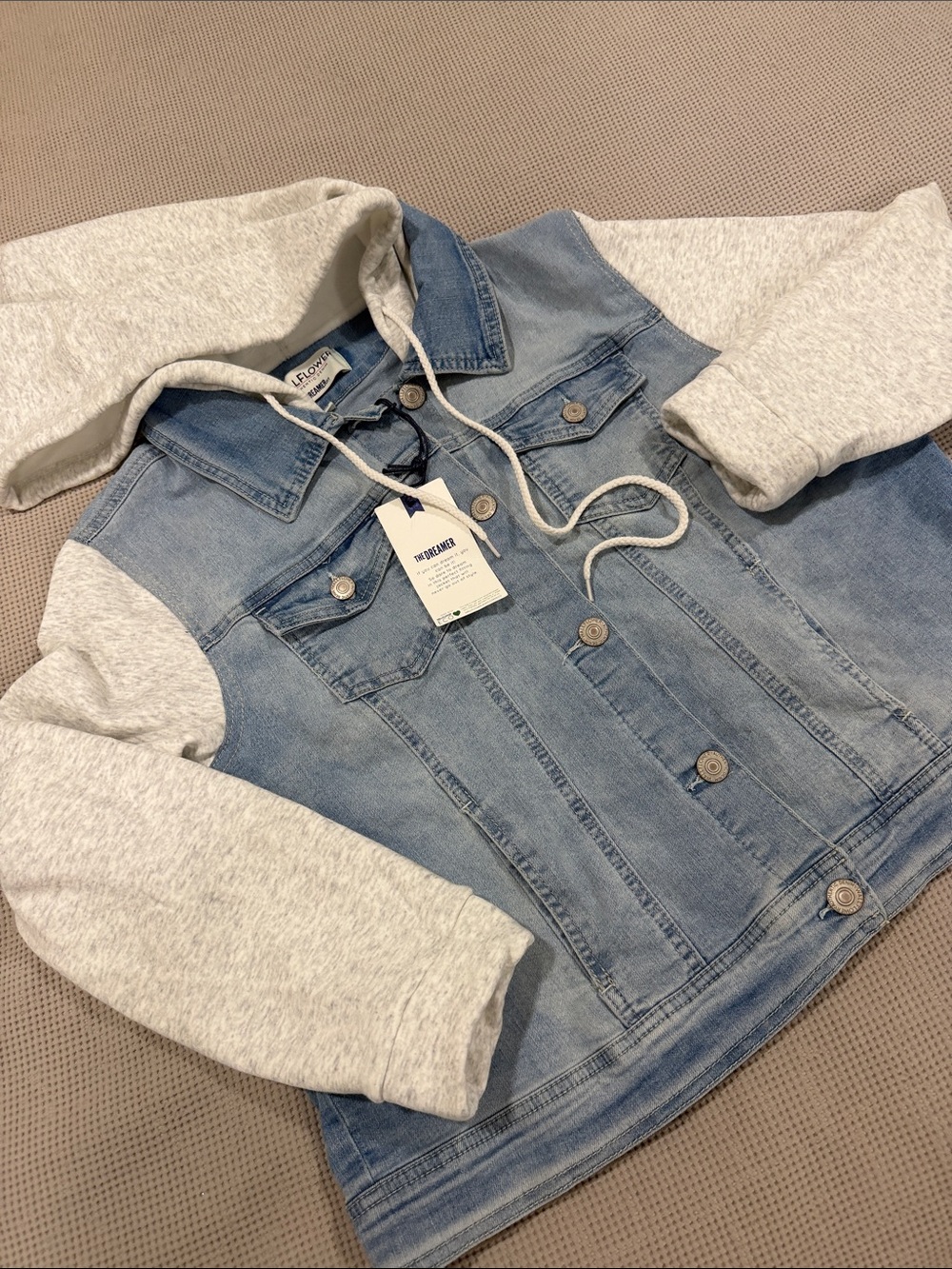 Wallflower women’s Light Blue Denim Jacket with Light Gray Hooded Sleeves